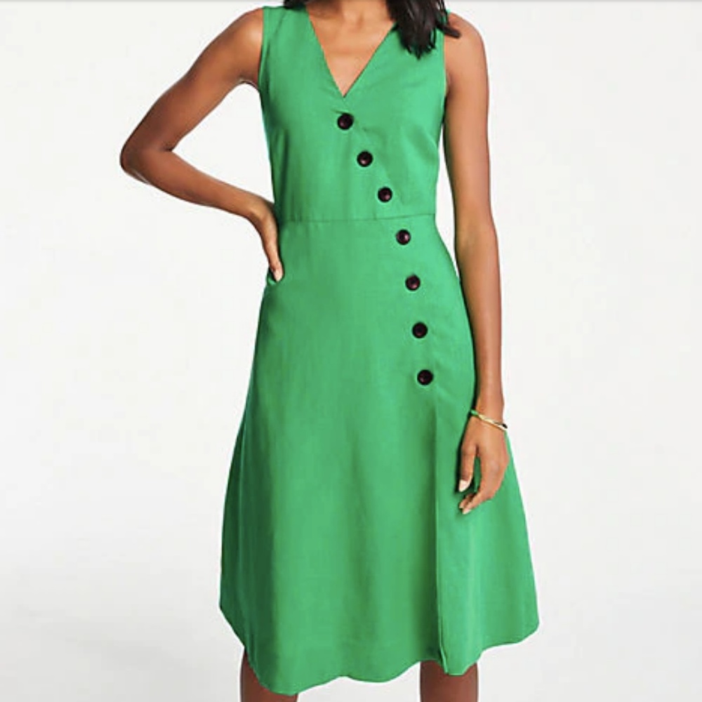 Ann Taylor Side Button Linen Blend Flare Dress